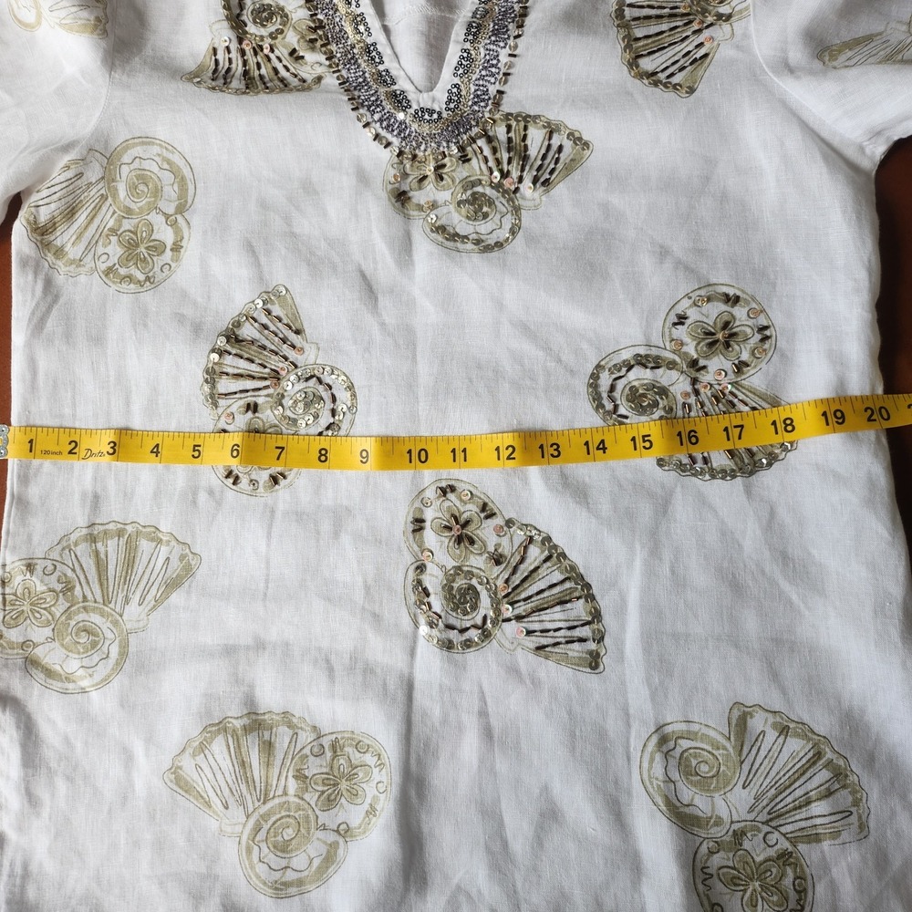 Lulu B Tunic Womens S White Linen Sequin Seashell Coastal Resort - Picture 9 of 9